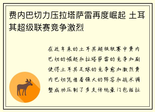 费内巴切力压拉塔萨雷再度崛起 土耳其超级联赛竞争激烈